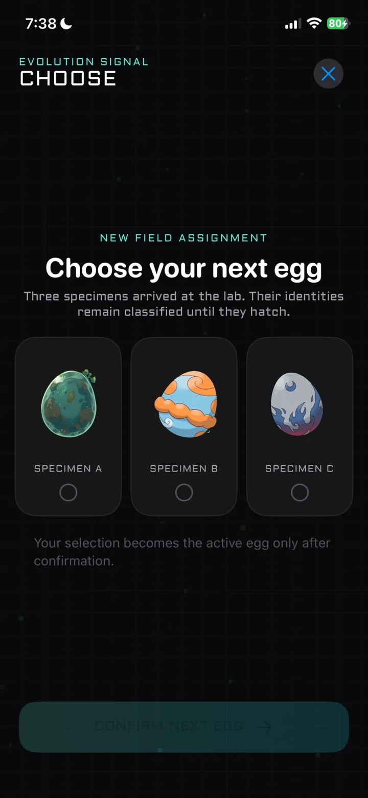 Choose your next egg screen with three unidentified specimens