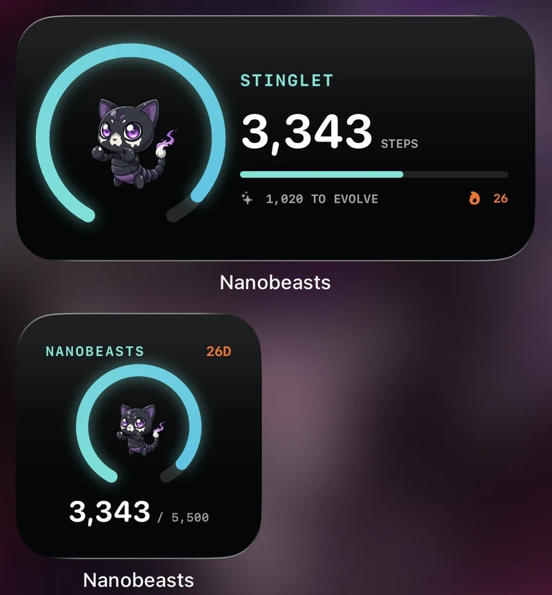 Medium and small Nanobeasts widgets on an iPhone Home Screen