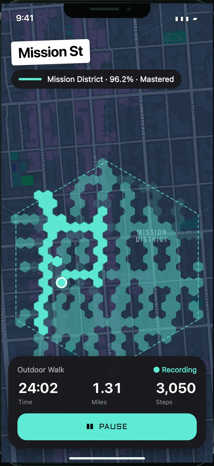 An outdoor walk painting hexagon tiles across the Mission District as the zone reaches Mastered